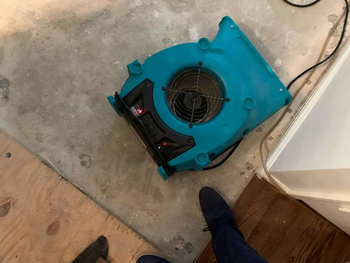 Air mover drying subfloor during Commercial Water Damage Restoration in Long Beach